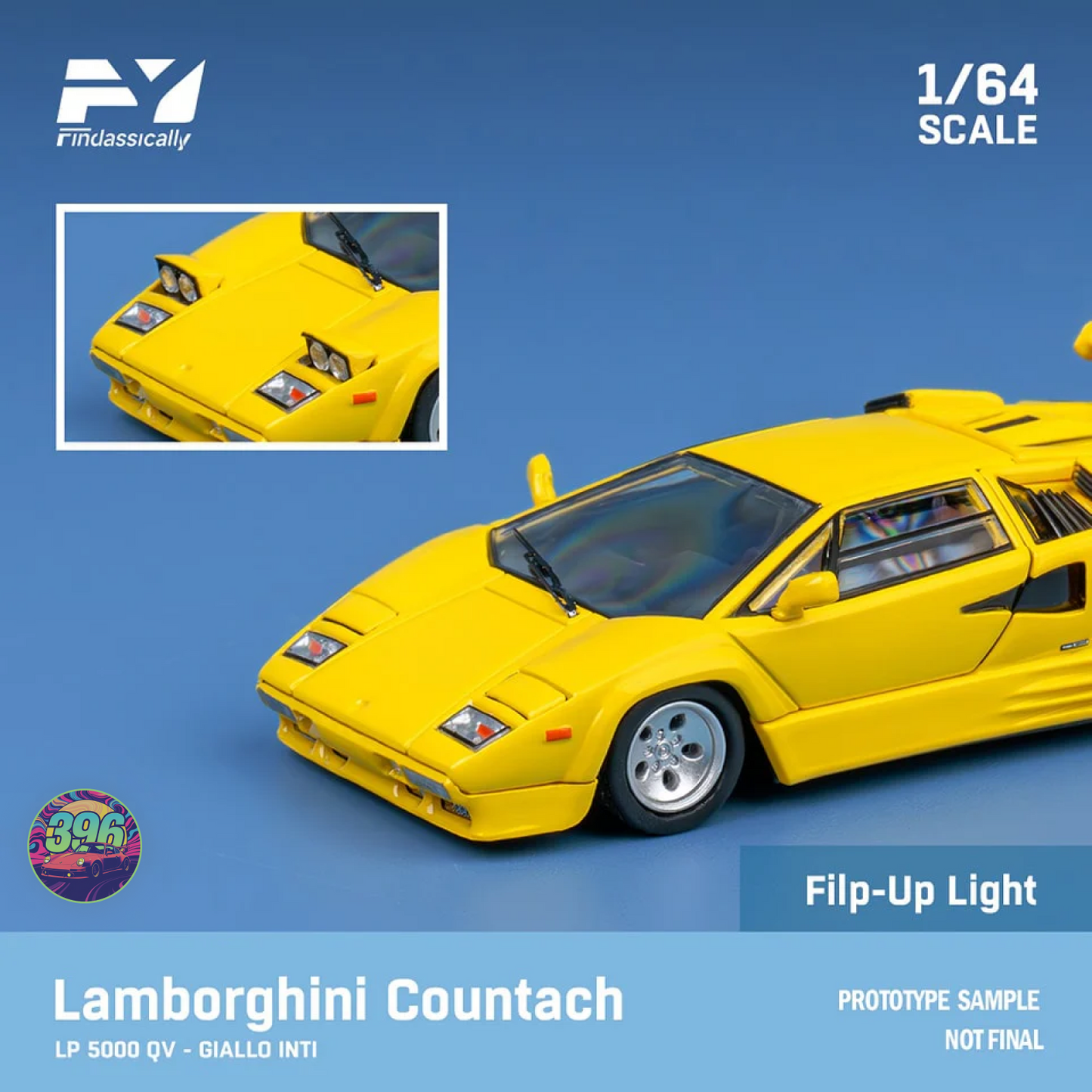 Finclassically - Lamborghini Countach LP500 in Yellow with Flip Up Lights - 1:64 Diecast Model