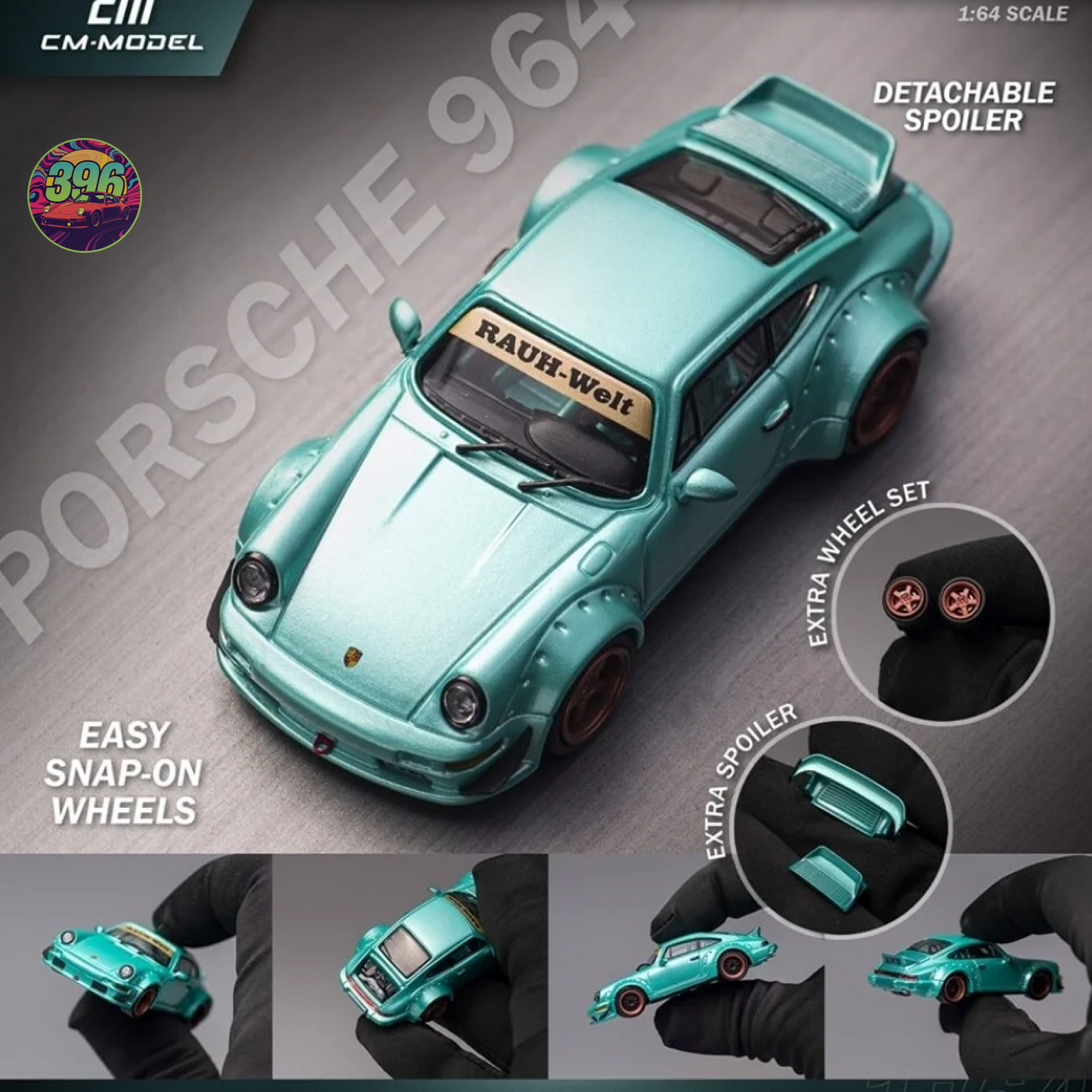CM Model - Porsche 964 RWB with Extra Wheels in Green - 1:64 Diecast Model