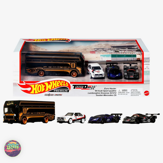 Hot Wheels Premium Track Day 4-Pack Set – Euro Hauler + '84 Audi Sport Quattro + Lamborghini Essenza SCV12 + Sauber-Mercedes C9