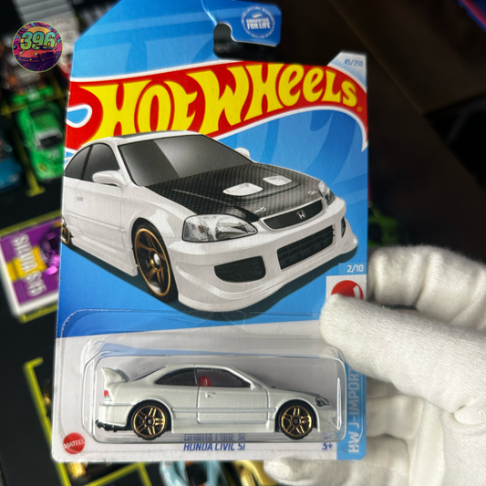 🔥 Hot Wheels Mainline: White Civic Si (with Carbon Fiber Hood) - 1/64 Diecast Car
