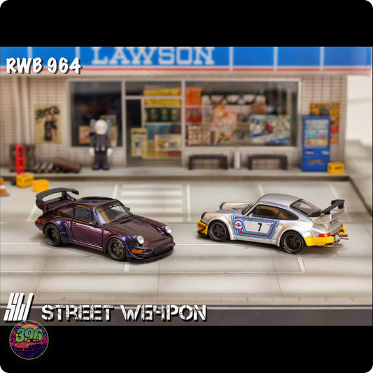 Street Warrior - RWB Porsche 964 in Dark Purple & Martini – 1:64 Street Weapon Diecast Model