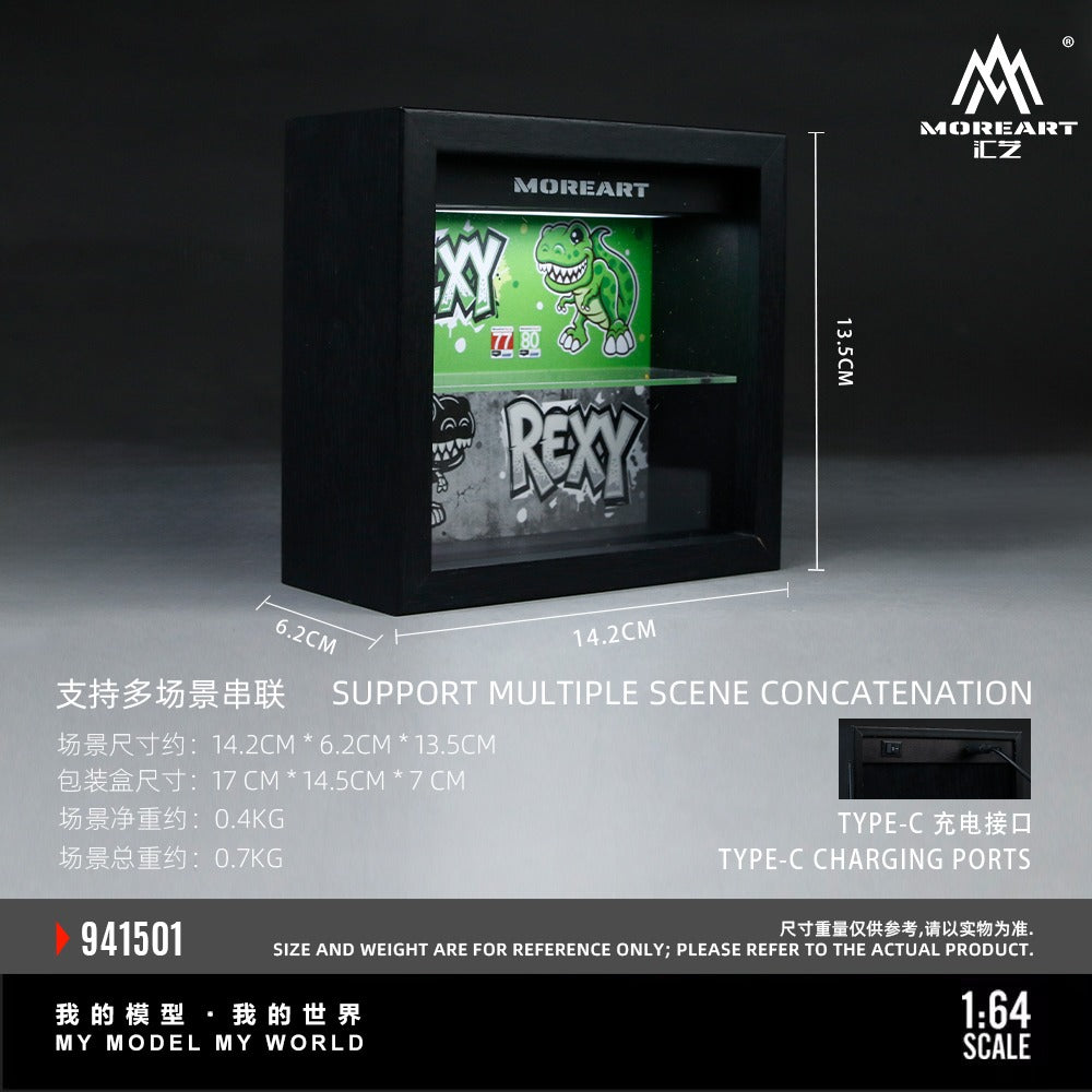 [PREORDER] MoreArt - Integrated Frame Dinosaur Painted Scene Display Diorama (REXY Green/ROXY Pink) – 1:64 MoreArt Diecast Model Accessory
