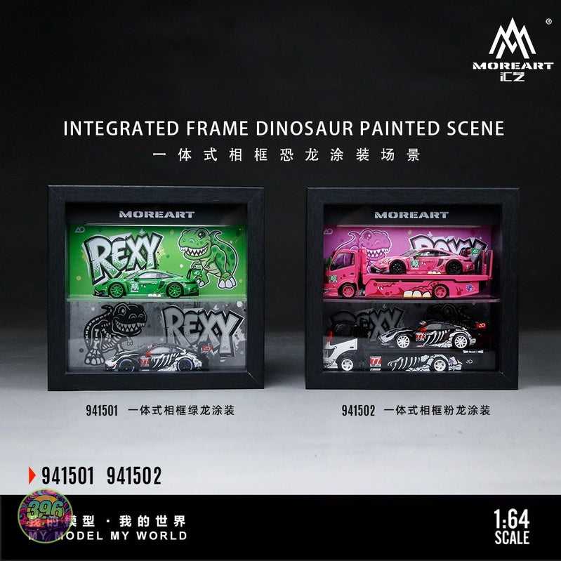 [PREORDER] MoreArt - Integrated Frame Dinosaur Painted Scene Display Diorama (REXY Green/ROXY Pink) – 1:64 MoreArt Diecast Model Accessory