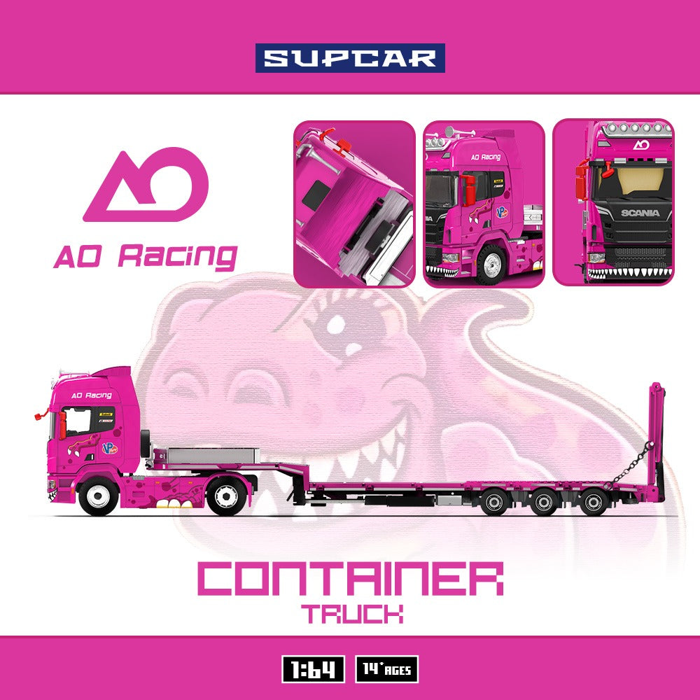 [PREORDER] Supcar - AO Racing Scania Flatbed Container Truck in Pink – 1:64 Supcar Diecast Model