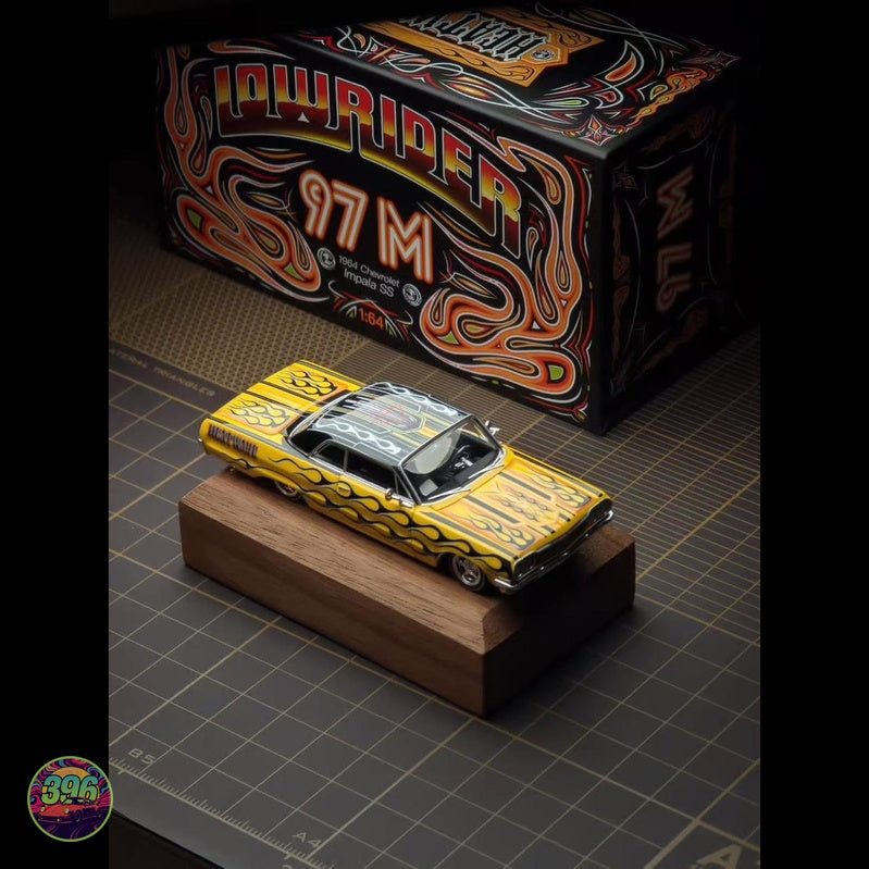[PREORDER] Lowrider Magazine - 97M Chevy Impala SS Yellow with Black Flames HCFC Exclusive – 1:64 Diecast Model