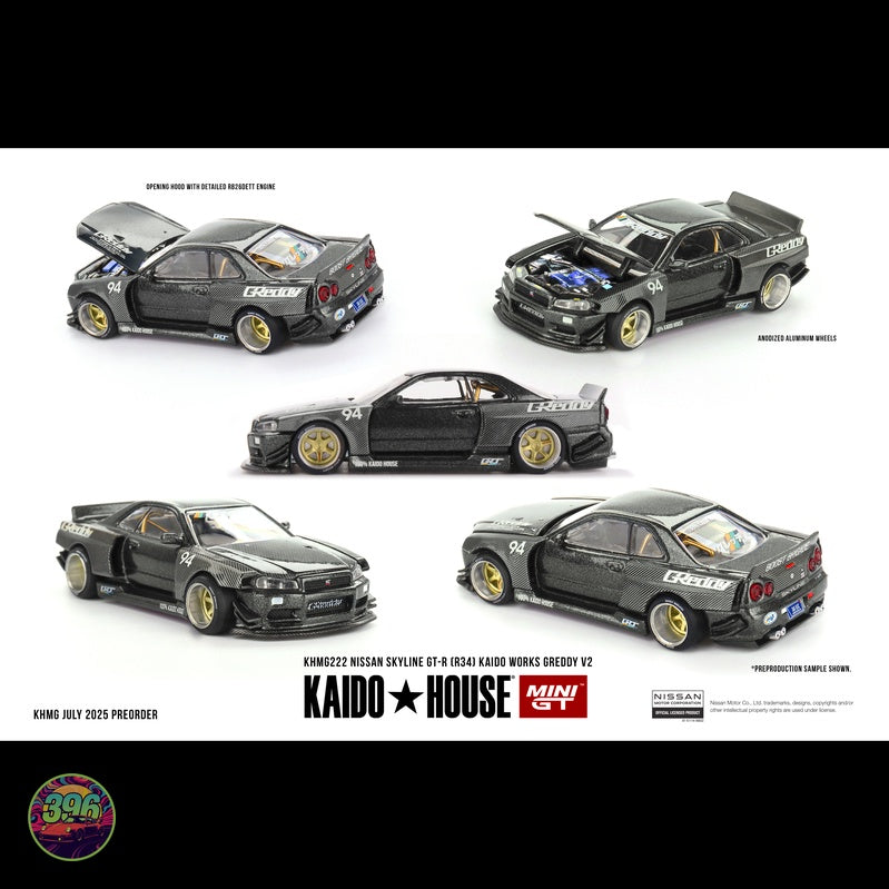 [PREORDER] Mini GT x Kaido House - Nissan Skyline GT-R (R34) Kaido Works Greddy V2 in Carbon Black – 1:64 Mini GT Diecast Model