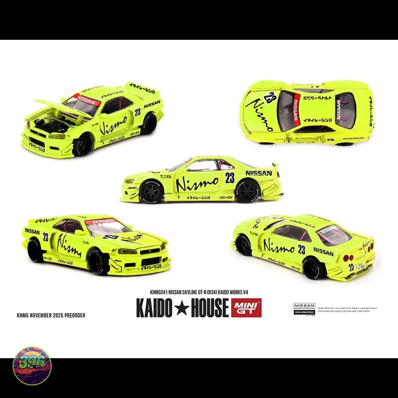 [PREORDER] Mini GT x Kaido House - Nissan Skyline GT-R R34 Nismo #23 in Fluorescent Yellow – 1:64 Mini GT Diecast Model