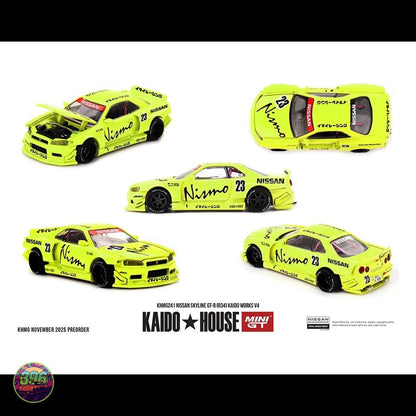 [PREORDER] Mini GT x Kaido House - Nissan Skyline GT-R R34 Nismo #23 in Fluorescent Yellow – 1:64 Mini GT Diecast Model