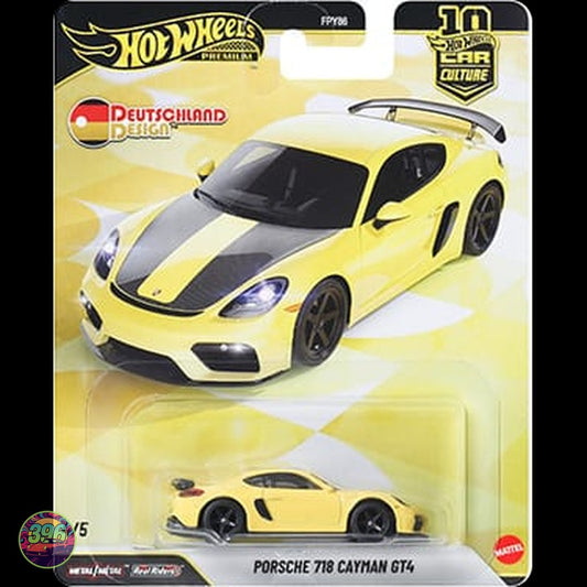 [PREORDER] Hot Wheels - Porsche 718 Cayman GT4 Deutschland Design Yellow – 1:64 Hot Wheels Diecast Model