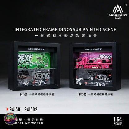 [PREORDER] MoreArt - Integrated Frame Dinosaur Painted Scene Display Diorama (REXY Green/ROXY Pink) – 1:64 MoreArt Diecast Model Accessory