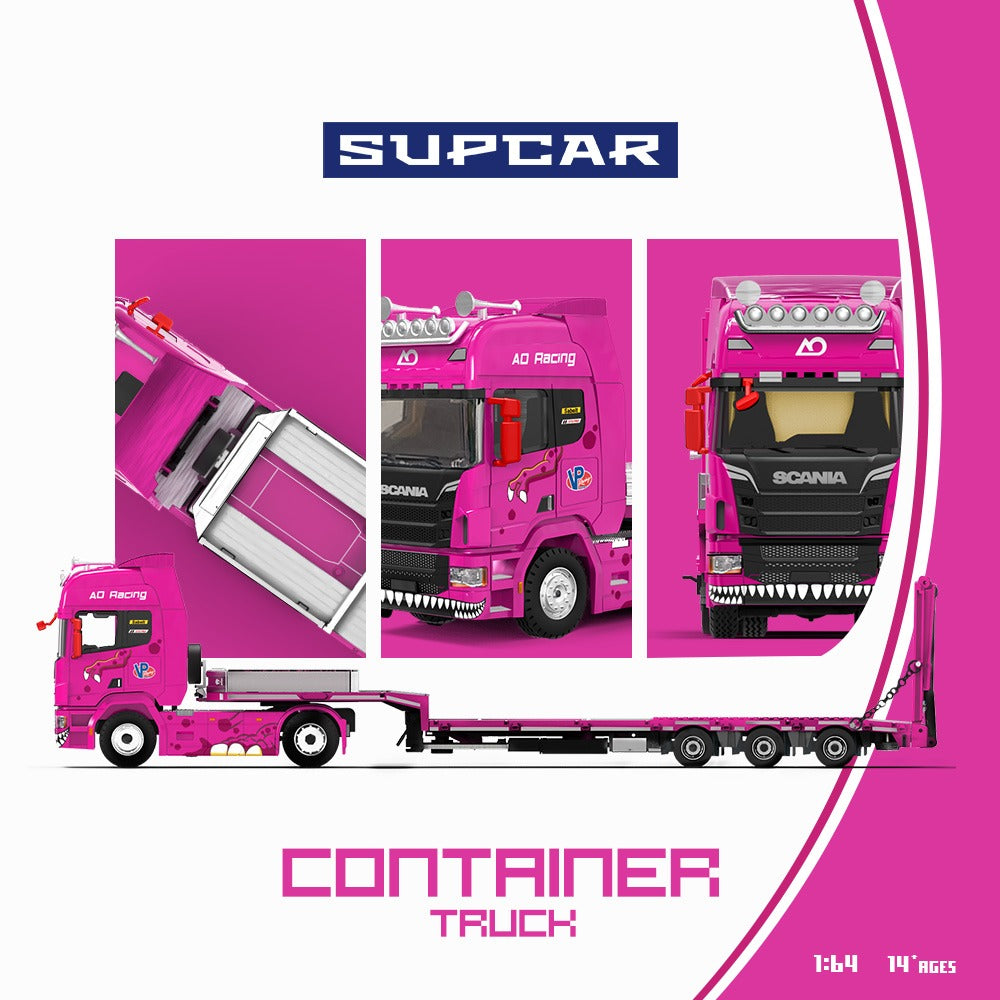 [PREORDER] Supcar - AO Racing Scania Flatbed Container Truck in Pink – 1:64 Supcar Diecast Model
