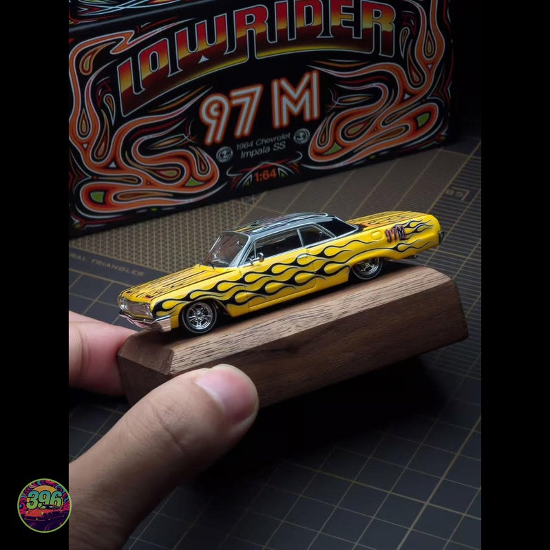 [PREORDER] Lowrider Magazine - 97M Chevy Impala SS Yellow with Black Flames HCFC Exclusive – 1:64 Diecast Model
