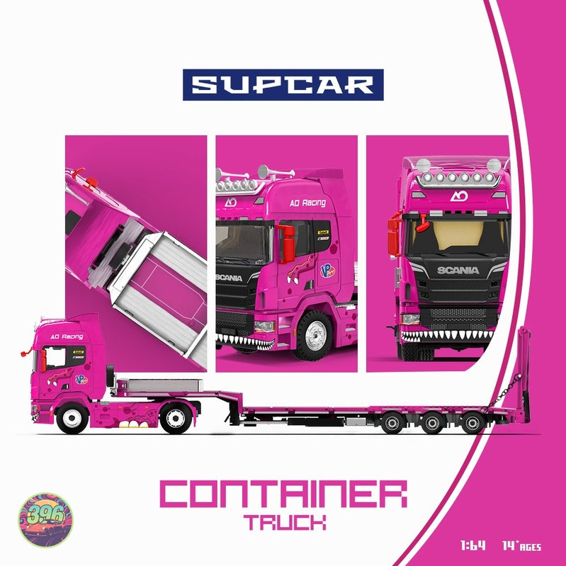 [PREORDER] Supcar - AO Racing Scania Flatbed Container Truck in Pink – 1:64 Supcar Diecast Model