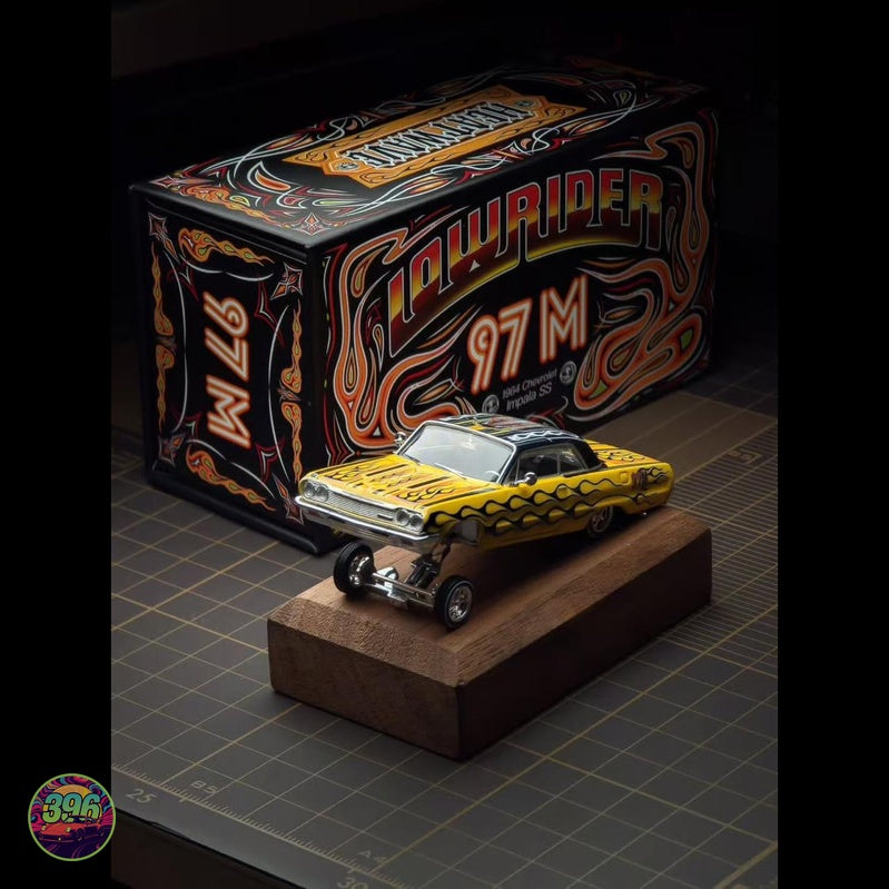 [PREORDER] Lowrider Magazine - 97M Chevy Impala SS Yellow with Black Flames HCFC Exclusive – 1:64 Diecast Model