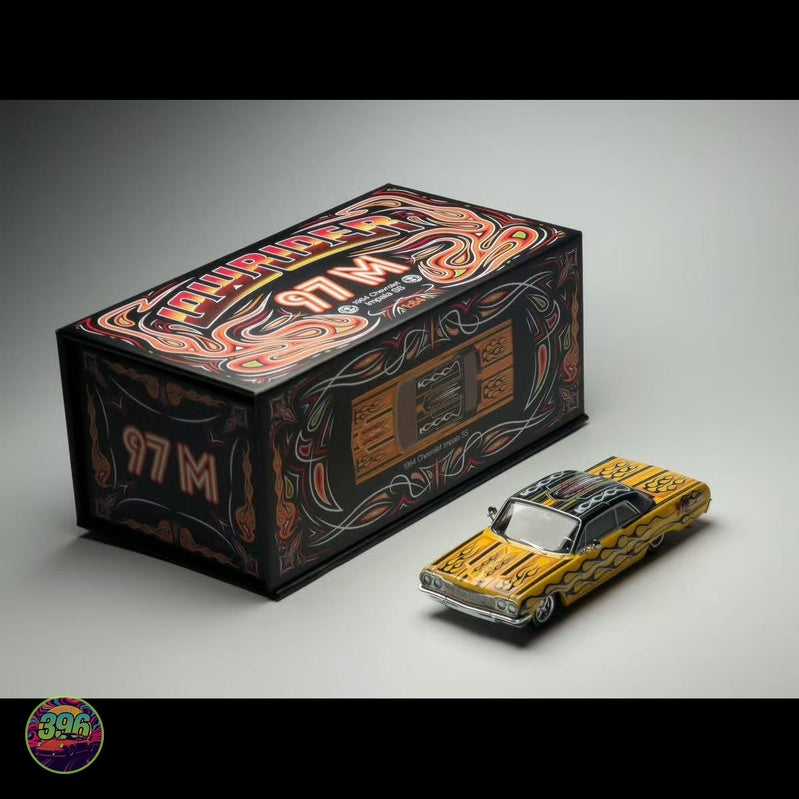 [PREORDER] Lowrider Magazine - 97M Chevy Impala SS Yellow with Black Flames HCFC Exclusive – 1:64 Diecast Model