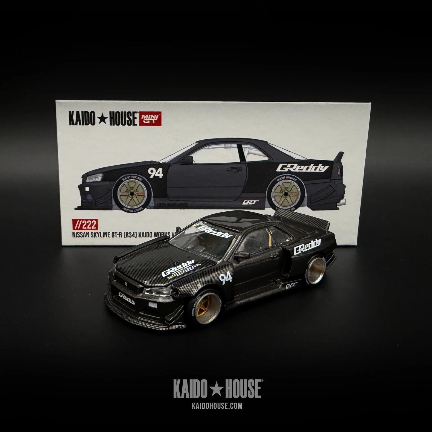 [PREORDER] Mini GT x Kaido House - Nissan Skyline GT-R (R34) Kaido Works Greddy V2 in Carbon Black – 1:64 Mini GT Diecast Model