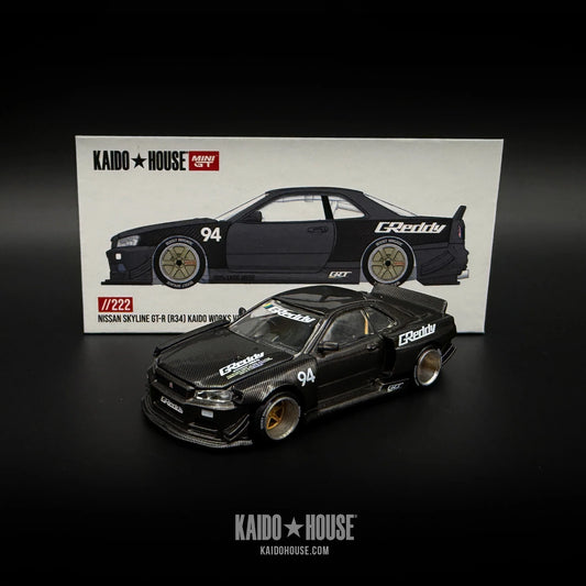 [PREORDER] MiniGT x Kaido House - Nissan Skyline GTR (R34) Kaido Works Greddy V2 in Carbon Black – 1:64 Mini GT Diecast Model