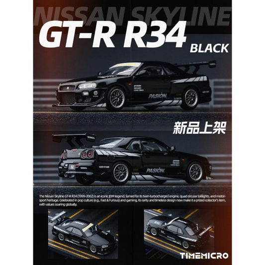 TimeMicro - Nissan Skyline GT-R R34 Black Toyo Tires Livery – 1:64 TimeMicro Diecast Model