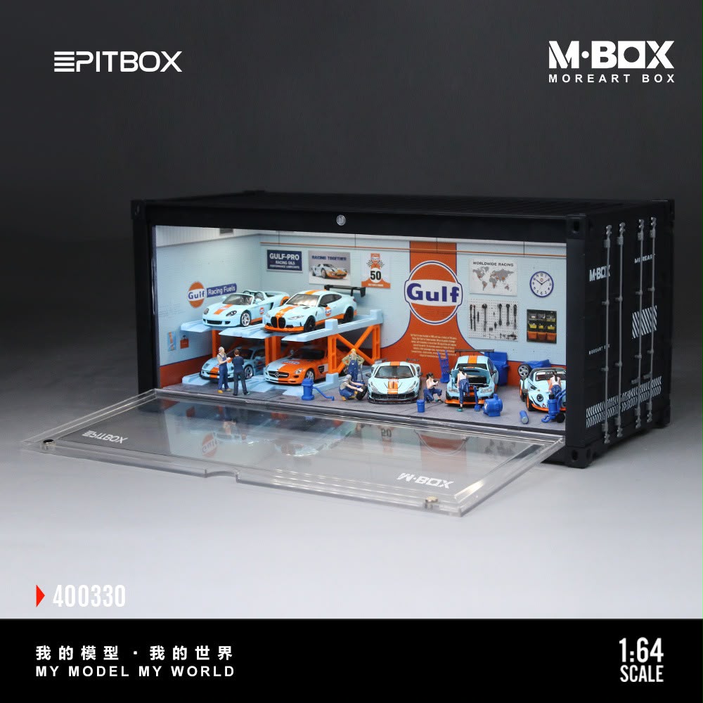 [PREORDER] PitBox - Gulf Racing Garage Diorama Display Case – 1:64 M-Box MoreArt Box Diorama