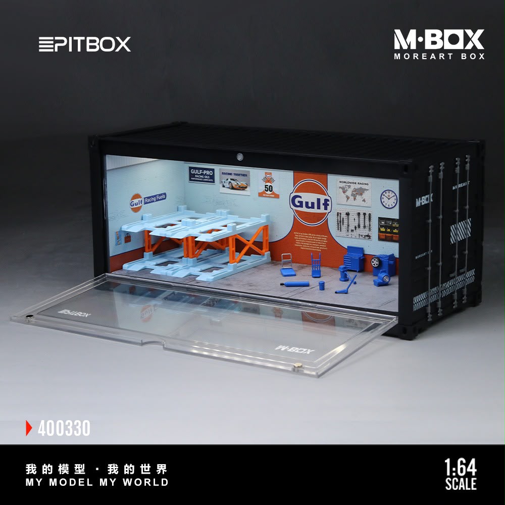 [PREORDER] PitBox - Gulf Racing Garage Diorama Display Case – 1:64 M-Box MoreArt Box Diorama
