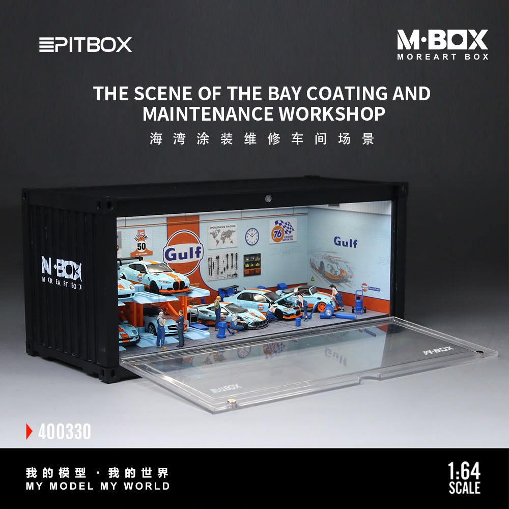 [PREORDER] PitBox - Gulf Racing Garage Diorama Display Case – 1:64 M-Box MoreArt Box Diorama